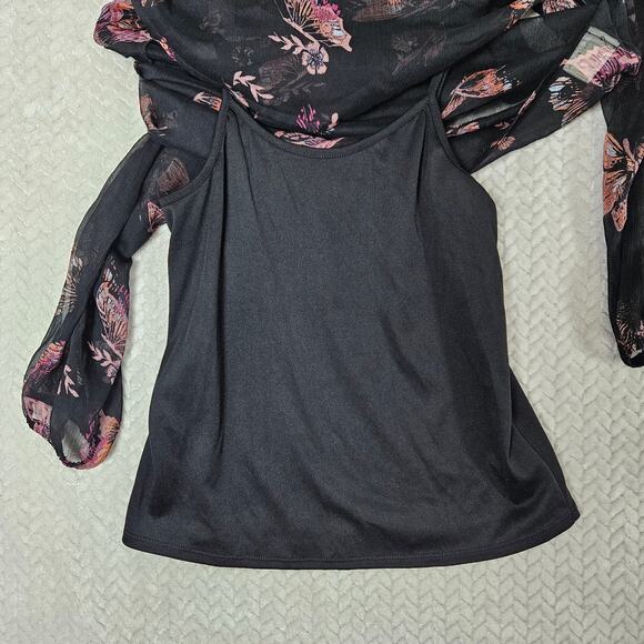 Mudd Cold Shoulder Blouse Womens XS Black Butterfly Print Sheer Boho Fairy Y2K - Picture 6 of 10